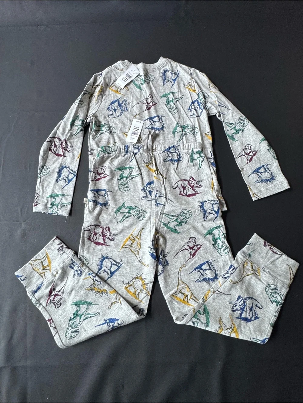 GAP Gray Long Sleeve Kids Pajama Set with Multicolor Dinosaur Prints